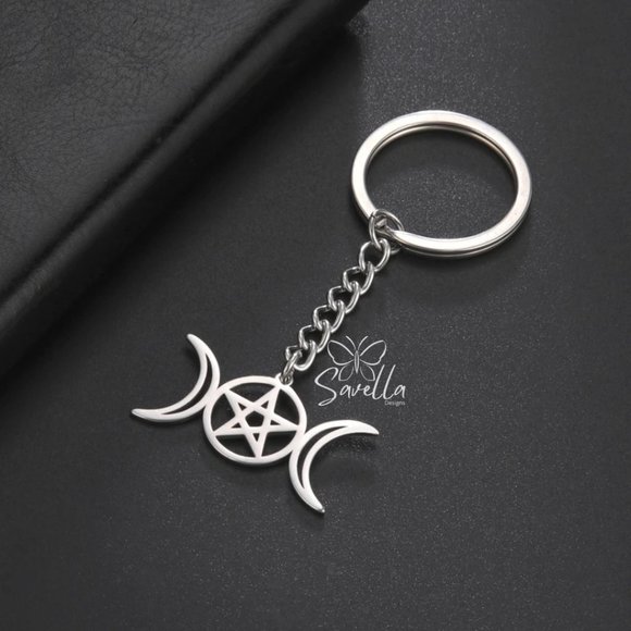 Stainless Steel Pagan Triple Moon Star Key Chain Silver - Picture 5 of 5